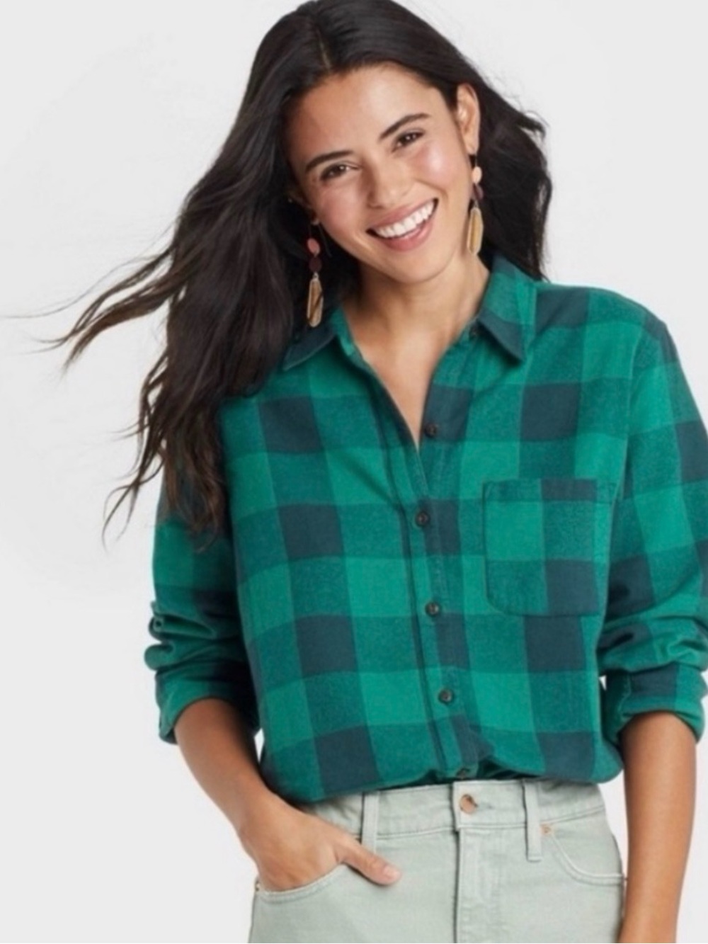 Universal Thread Fall Flannel Plaid Shirt Long Sleeve Button-Up Small Teal Green